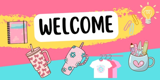 Welcome Banner Pink and Teal with stationary images